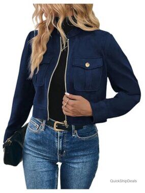 Faux Suede Cropped Jacket Zip Up Lightweight Casual